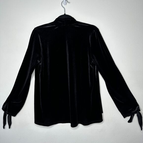 Jet Black Velvet Velour Waterfall Open Front Cardigan Long Sleeve with Ties M - Picture 9 of 10
